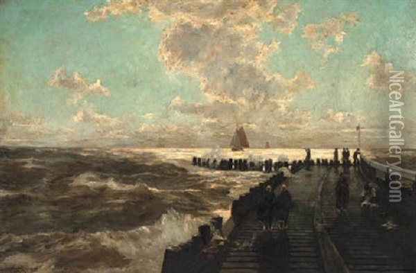 On The Pier In Rough Weather Oil Painting - Erwin Carl Wilhelm Guenther