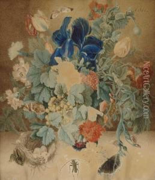 Stillleben Mit Blumen, Insekten Und Vogelnest Oil Painting - Emanuel Steiner