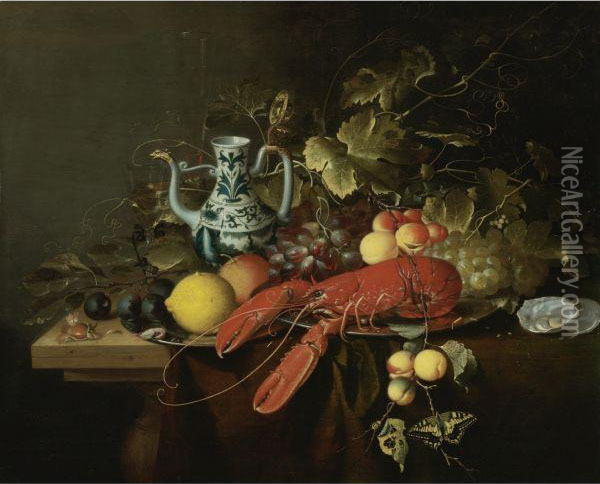 Still Life With A Lobster On A Pewter Plate, Lemons, Grapes,apricots, Oysters Oil Painting - Laurens Craen