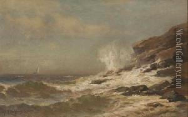 Waves Crashing On A Rocky Shore With A Vessel On The Horizon Oil Painting - Mauritz F. H. de Haas