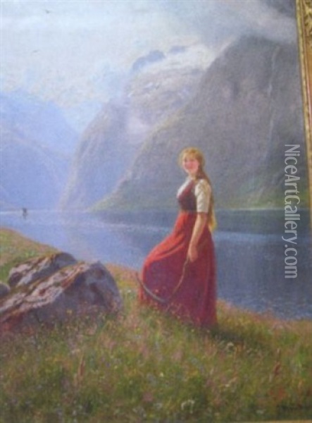 Portrait Of Girl In Alpine Meadow Holding Scythe Oil Painting - Hans Dahl
