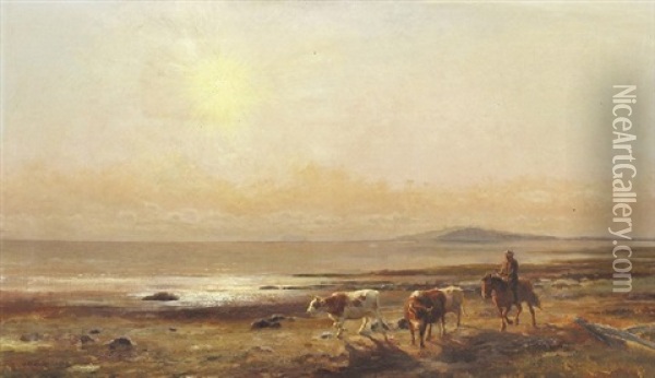 Stockman And Cattle By The Water At Sunset Oil Painting - Jan Hendrik Scheltema