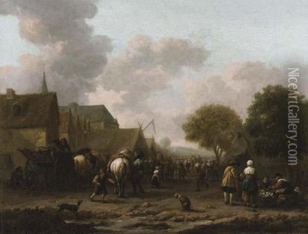 A Village Landscape With Travellers On The Street By A Vegetableseller Oil Painting - Barent Gael