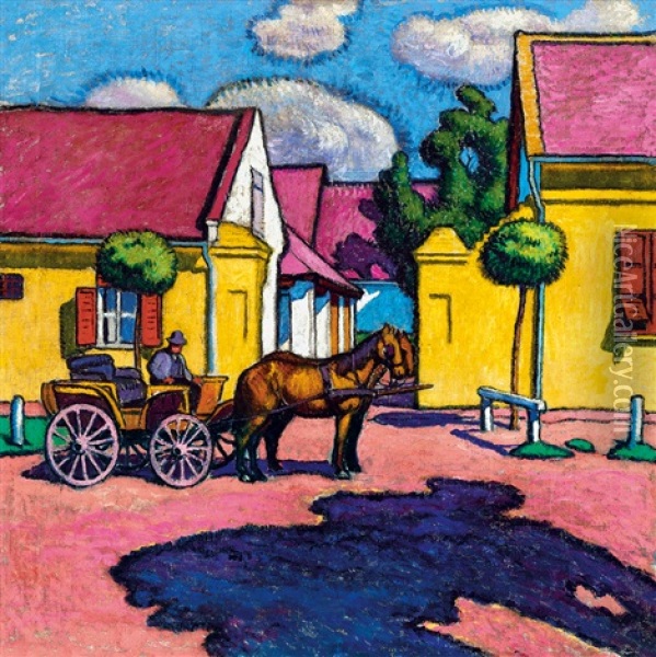 Sunlit Streer With Horse-carriage Oil Painting - Jozsef Pechan