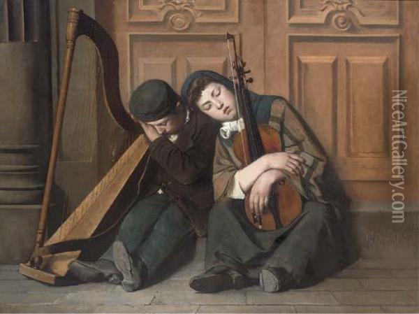 The Slumbering Street Musicians Oil Painting - P. Clement