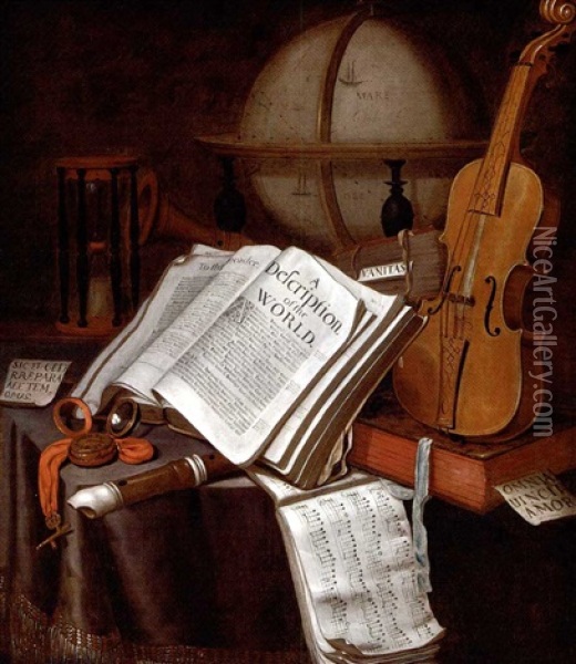 A Vanitas Still-life Of A Globe, Books, An Hourglass, A Violin, A Recorder, Sheet Music And A Pocket Watch On A Draped Table Oil Painting - Edward Collier