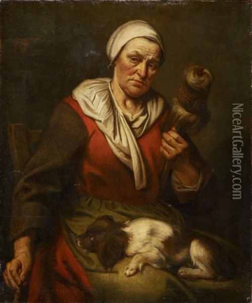 Sitzende Altere Frau Mit Einem Spinnrocken Und Einem Hundchen Oil Painting - Hendrick Bloemaert