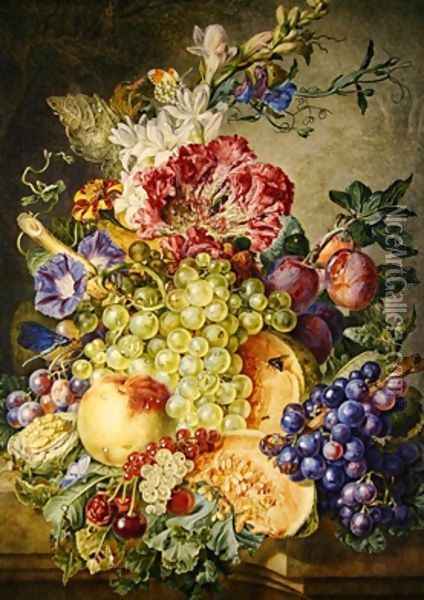 Still life with fruit and flowers Oil Painting - Gerrit Van Leeuwen