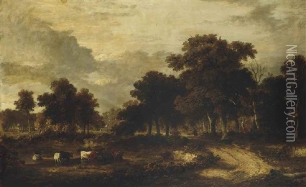 A Wooded Landscape With Cattle Watering And Figures On A Track Beyond Oil Painting - James Stark