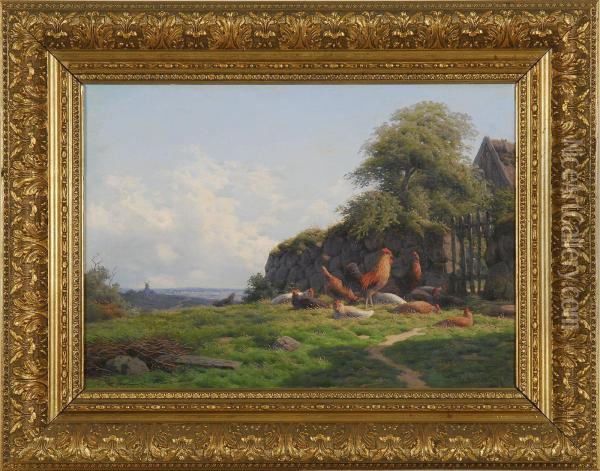 Country Landscape With Roosters Oil Painting - Carl Frederick Bartsch