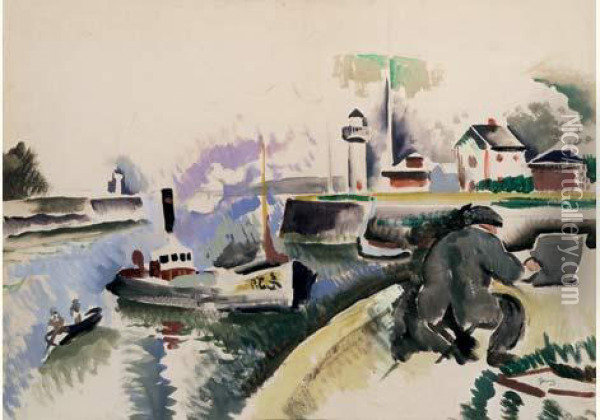 Entree Du Port De Honfleur, Circa 1920 Oil Painting - Paul-Elie Gernez