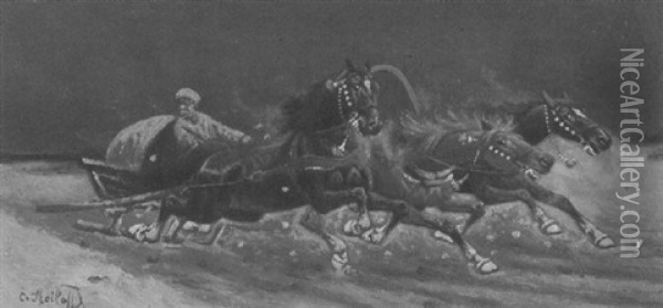 Ein Pferdegespann Mit Schlitten Fahrt Durch Eine Eisige Nacht Oil Painting - Adolf (Constantin) Baumgartner-Stoiloff