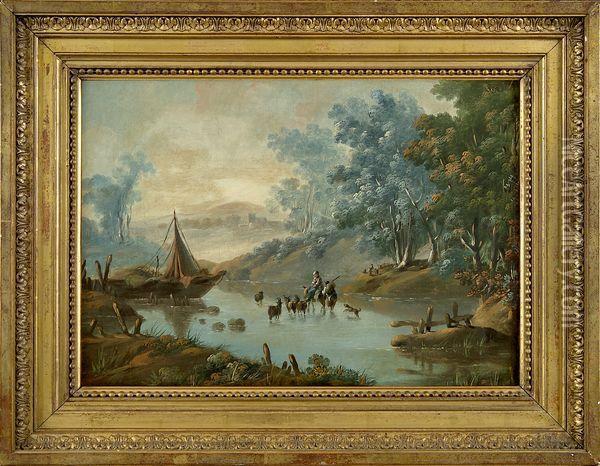 Paysage Italien, Bergers Et Riviere Oil Painting - Jean-Baptiste Pillement