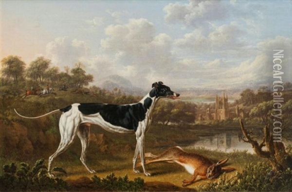 A Greyhound With A Dead Hare In A River Landscape With Woodland And A Church Oil Painting - Charles Towne