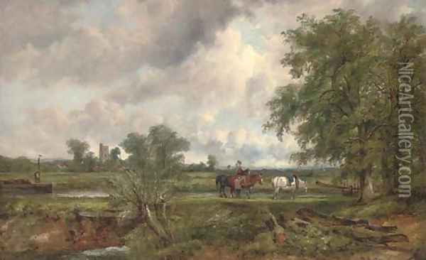 An extensive landscape with a barge on a canal and yoked horses on a towpath, a church and village beyond Oil Painting - Frederick Waters Watts