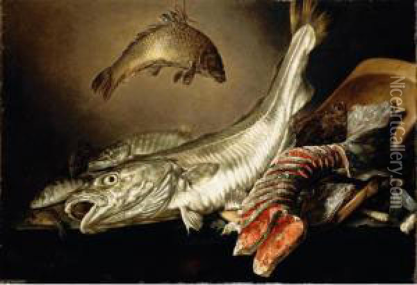 A Still Life Of Fish On A Stone Slab Oil Painting - Petrus Staverenus