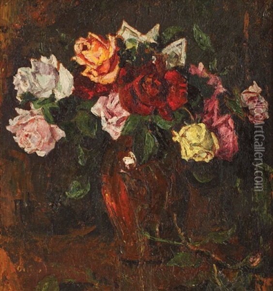 Vase With Roses Oil Painting - Octav Bancila