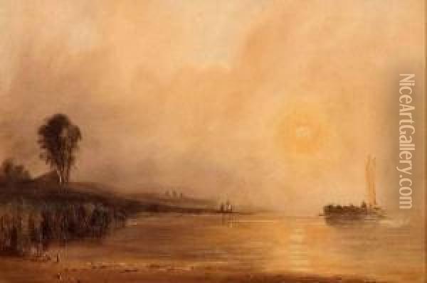 Misty Coastal Scene With Fishing Boat Oil Painting - John Le Capelain