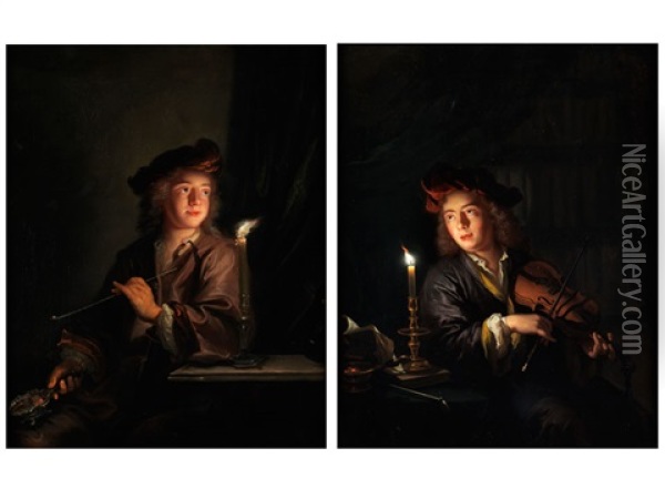 Knabe Mit Langer Meerschaumpfeife Vor Einem Kerzenlicht
Knabe Mit Einer Violine Bei Kerzenlicht Oil Painting - Arnold Boonen