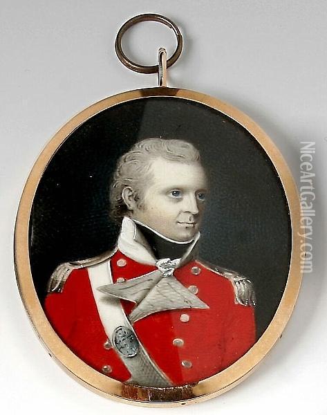 A Portrait Miniature Of An Army Officer, Wearing Red Jacket With Sash A Medallion On The Sash Carries The Initials Ljf(?), The Enamelled Reverse Carries The Monogram Wr In Gilt Metal, With A Twist Of The Sitter's Hair Oil Painting - Samuel Andrews