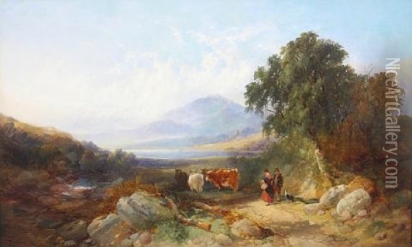 Travellers And Cattle Before A Mountain Landscape Oil Painting - Joseph Horlor