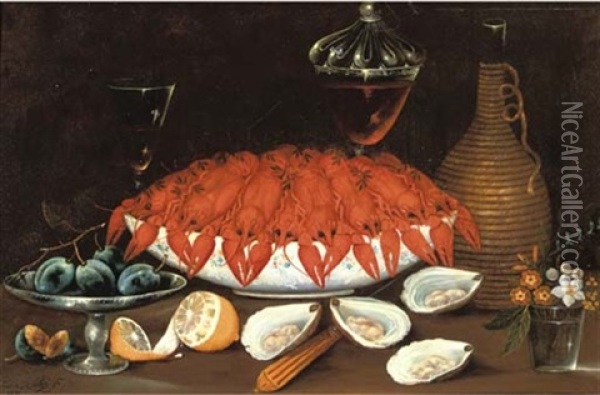 Crayfish In A Porcelain Bowl, Oysters, A Partially Peeled Lemon, Plums In A Silver Dish, Two Glasses Of Wine, A Bottle And A Glass With Flowers On Table Oil Painting - Johann Seitz