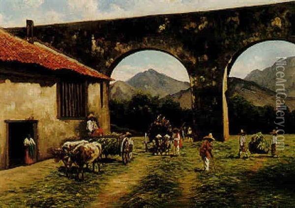 Hombres Trillando Maiz Al Lado De Un Acueducto En Queretaro Oil Painting - August Loehr