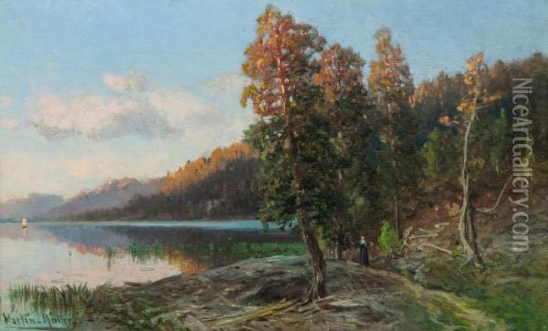 Kvinne I Skogslandskap Ved Vann Oil Painting - Morten Muller