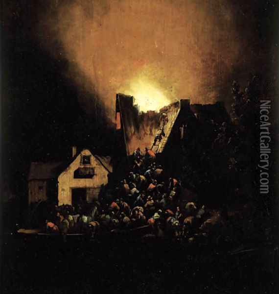 A house on fire at night with peasants coming to rescue Oil Painting - Egbert van der Poel