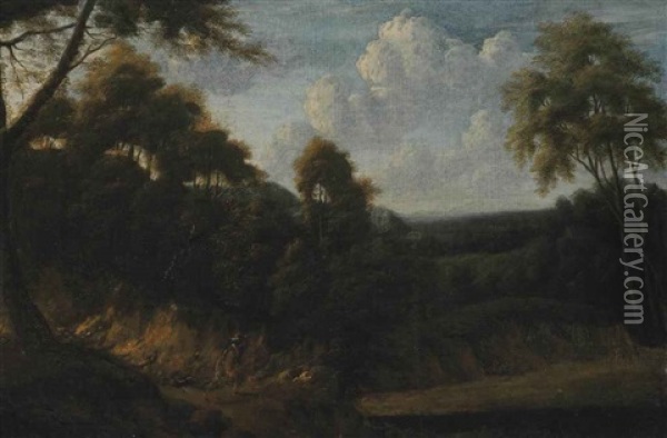 A Wooded Landscape With A Huntsman On A Track Oil Painting - Jacques d' Arthois