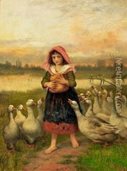 A Little Girl Feeding Geese. Signed W. Weekes Oil Painting - Herbert William Weekes