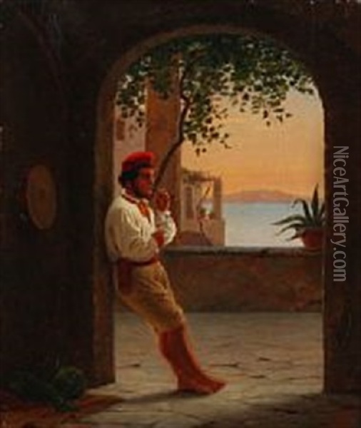 A Neapolitan Fruitseller In A Loggia Oil Painting - Julius Friedlaender