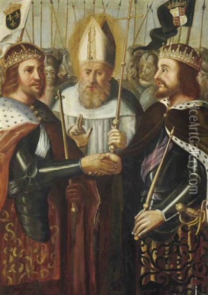 An Alliance Between The King Of England And The King Of France, Possibly Depicting The Treaty Of Picquigny Oil Painting - Jean Chalette