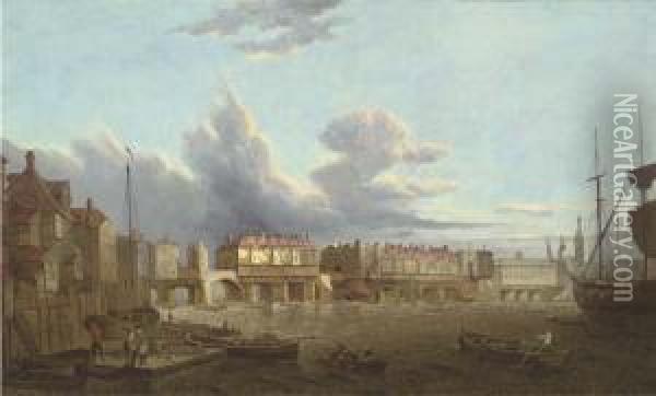 An Extensive View Of Old London 
Bridge From The East, With Thechurch Of St. Magnus And The Monument 
Beyond Oil Painting - Samuel Scott
