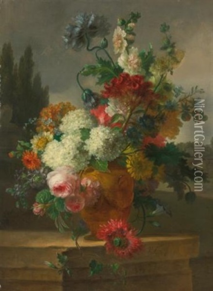 Still Life Of Flowers In A Vase Resting On A Stone Ledge, A Landscape In The Background Oil Painting - Willem van Leen