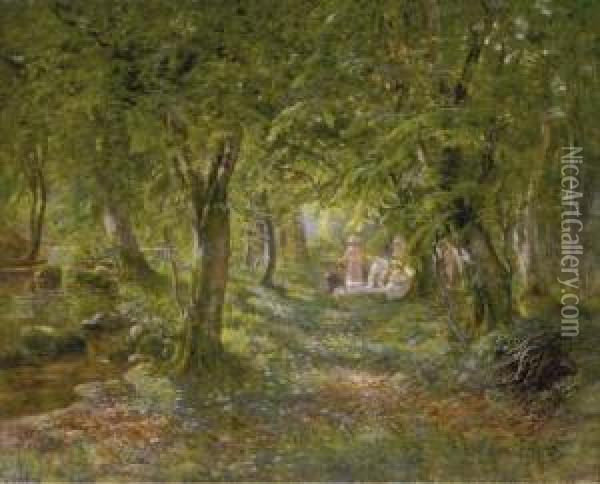 Figures Picnicing In A Forest Interior Oil Painting - Carl Christian E. Carlsen