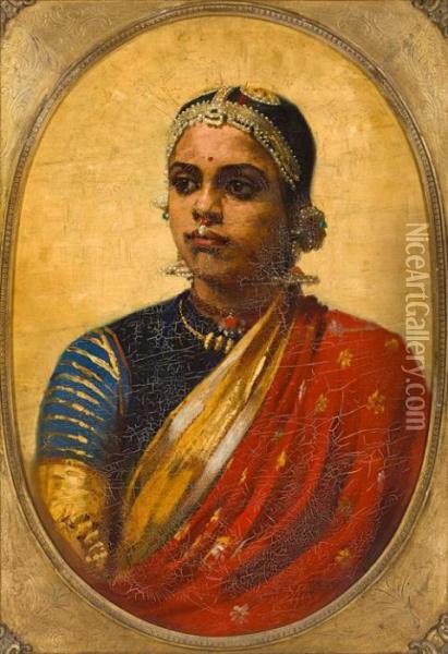 Portrait Of An Indian Girl Oil Painting - Raja Ravi Varma