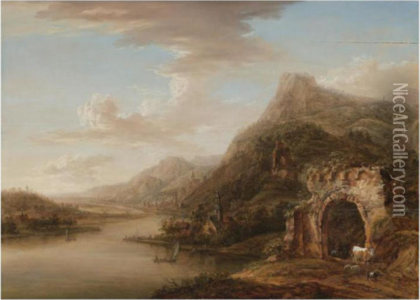 A Rhenish River Landscape Oil Painting - Christian Georg Ii Schuz