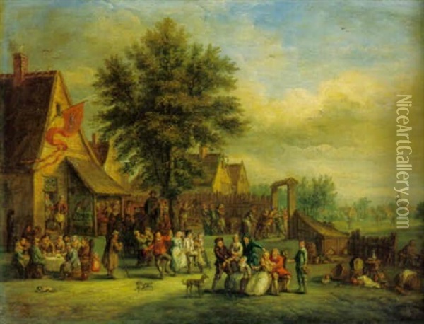 Village Scene With Peasants Merrymaking Outside A Tavern Oil Painting - Jean-Thomas (Nicolas V) Kessel