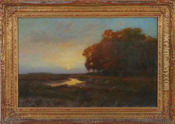 Sunset Reflecting On The River, Landscape Oil Painting - Horace P. Giles