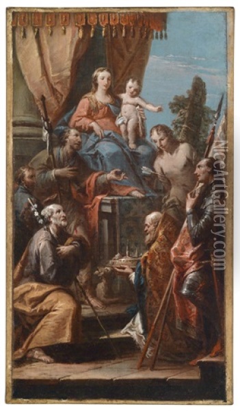 Thronende Madonna Mit Kind, Darunter Die Heiligen Joseph, Sebastian, Georg Und Rochus Oil Painting - Gaspare Diziani