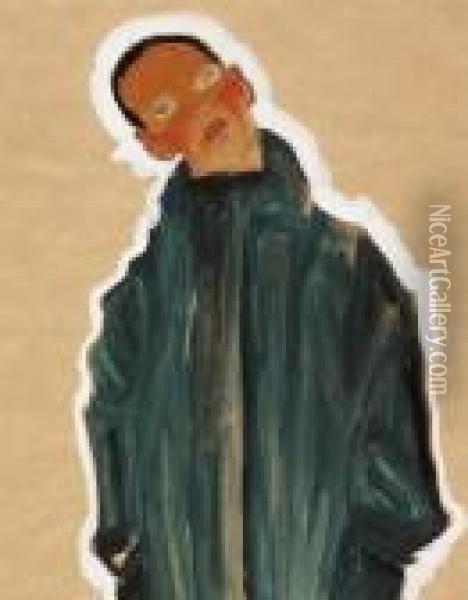 Junge Im Grunen Mantel (boy In Green Coat) Oil Painting - Egon Schiele