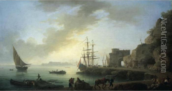 A Mediterranean Port At Dawn Oil Painting - Claude-joseph Vernet