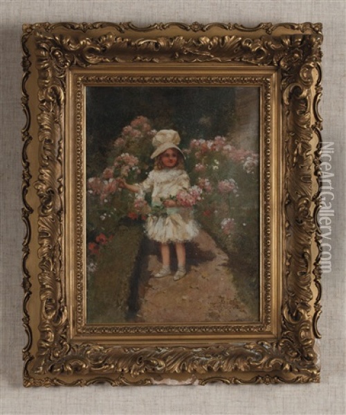 Young Girl On A Garden Path Oil Painting - Edward Percy Moran