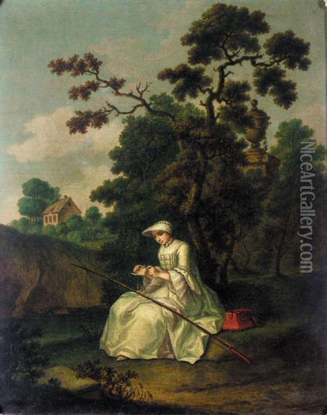 A River Landscape With A Young Lady Oil Painting - Hieronymus Lapis