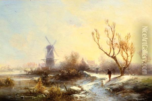 Winter Landscape With Millby The Water Oil Painting - Pieter Lodewijk Francisco Kluyver