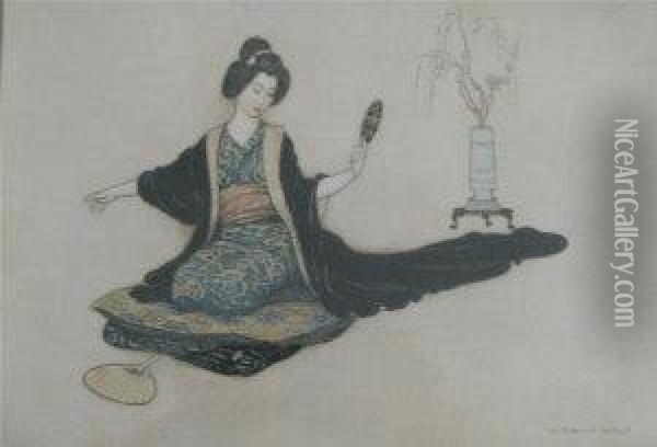 Japanese Girl With A Mirror Oil Painting - Warwick Goble