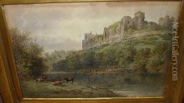 Cattle Watering At A River Beneath Castle Ruins, Signed And Dated 'william Pitt 1889' Oil Painting - William Pitt