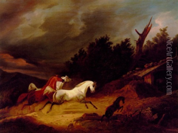 Heste, Som Flygte Til Stalden For Et Uvejr Oil Painting - Christian Frederick Carl Holm