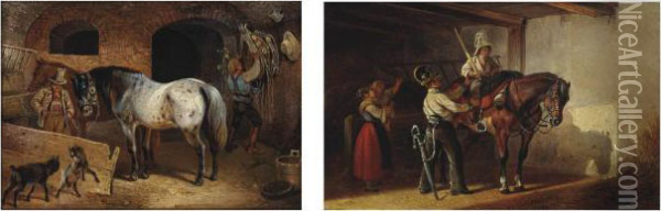 A Stable Scene; And The Young Cavalry Officer Oil Painting - Franz Zeller Von Zellenberg